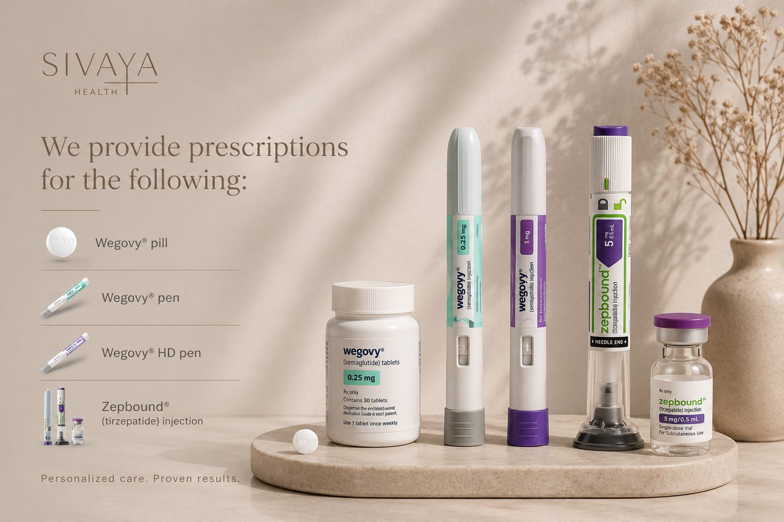 SIVAYA Health GLP-1 prescription medications including Wegovy pill, Wegovy pen, Wegovy HD pen, and Zepbound injection — available for patients in California